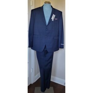 NWT Perry Ellis Premium Mens 2 Piece Dk Blue Windowpane Suit Sz 46 50R Unhemmed